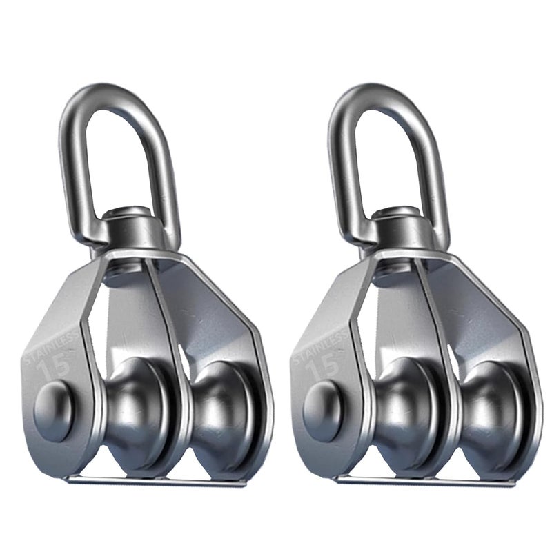 Twours Pulley 304 Stainless Steel Double Pulley Block M15 Small Heavy Duty Swivel Bearing Pulley System for Rigging, Lifting, Cargo Transportation,Gym Equipment (SHL-M15 2PCS) - Image 1